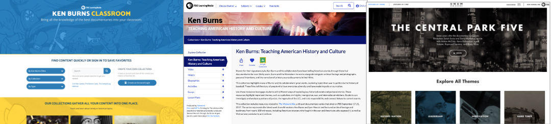 IMAGE: Home pages from 3 Ken Burns-related websites viewed during user testing