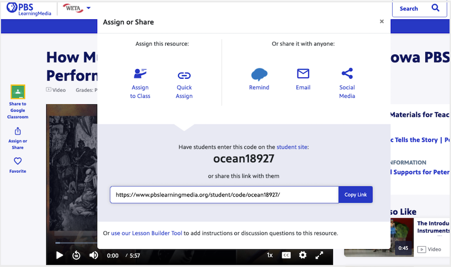 Original Assign or Share modal for a video resource