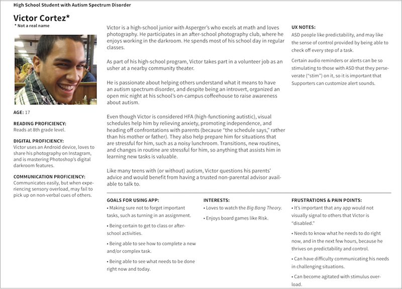 IMAGE: A draft user persona for an autistic teen